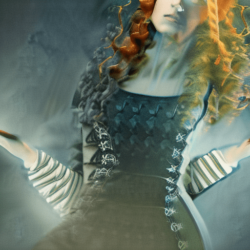 A young witch with long, curly red hair, heterochromia, and a soft face, is wearing a tightly laced corset over a typical witch's outfit. Her delicate fingers are digging into the air, emanating powerful magic. The background is white, with watercolor splashes in pastel tones and deep shadows, creating a double exposure effect. Rays of light emanate from the center of the image, enveloping the witch in a mystical, ethereal, and beautiful aura. The edges of the image are soft, with delicate details that enhance the magic of the scene.