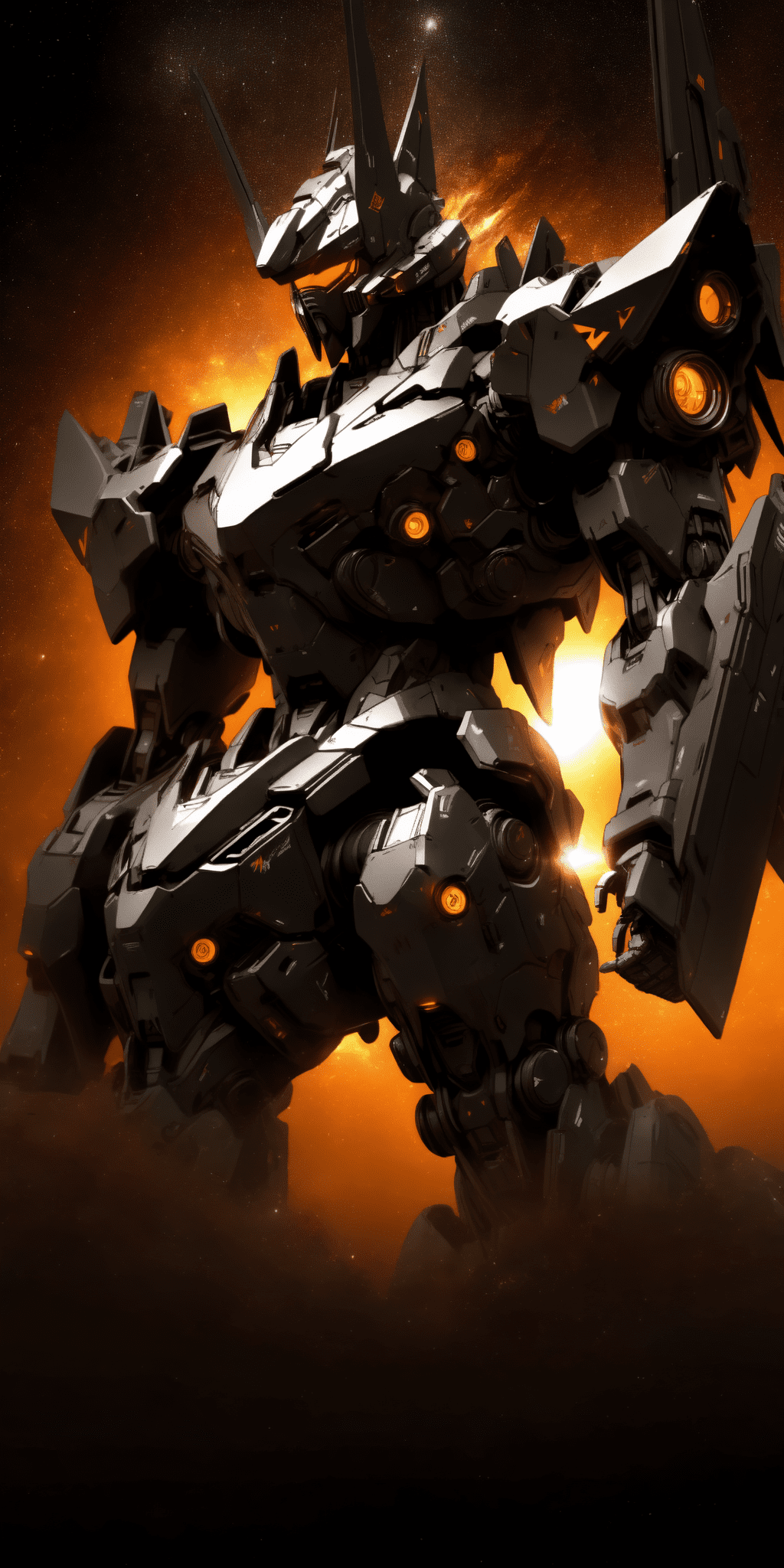 Giant mecha robot in the galaxy in defense mode with futuristic armors and wapons, the galaxy have to be orange black with stars and the color of the armor in contrast, epic background