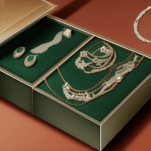 Create a highly realistic promotional image of a luxury jewelry box that opens to reveal its contents. The jewelry box should be crafted from premium materials such as dark leather, polished wood, and emerald green velvet for an elegant and sumptuous look. Inside, display a necklace, bracelet, and pair of silver earrings, all adorned with emeralds and diamond accents. The inner lid of the jewelry box should feature the brand name “muzo” in an elegant black gold display font, below the phrase “made in colombia, ” and a sleek white label with borders referencing chinese culture, on which you have random writing in mandarin chinese. The design should emphasize luxury and craftsmanship, with attention to textures such as velvet and wood grain, which reflect opulence. Make sure the image feels human and realistic, evoking a premium experience for the viewer.
