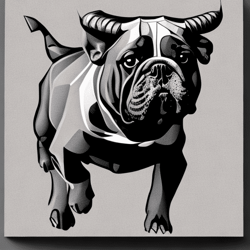 Running bull dog, flat desing with triangles only, grayscale, ultra detailed, in the style of sgraffito without background or only whithe color