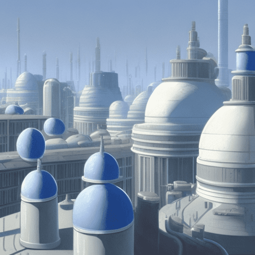 Concept art of an industrial city with large white domes and towers, blue sky, people on the roof, in the style of ralph mcquarrie --ar 56:37 --v 6. 0