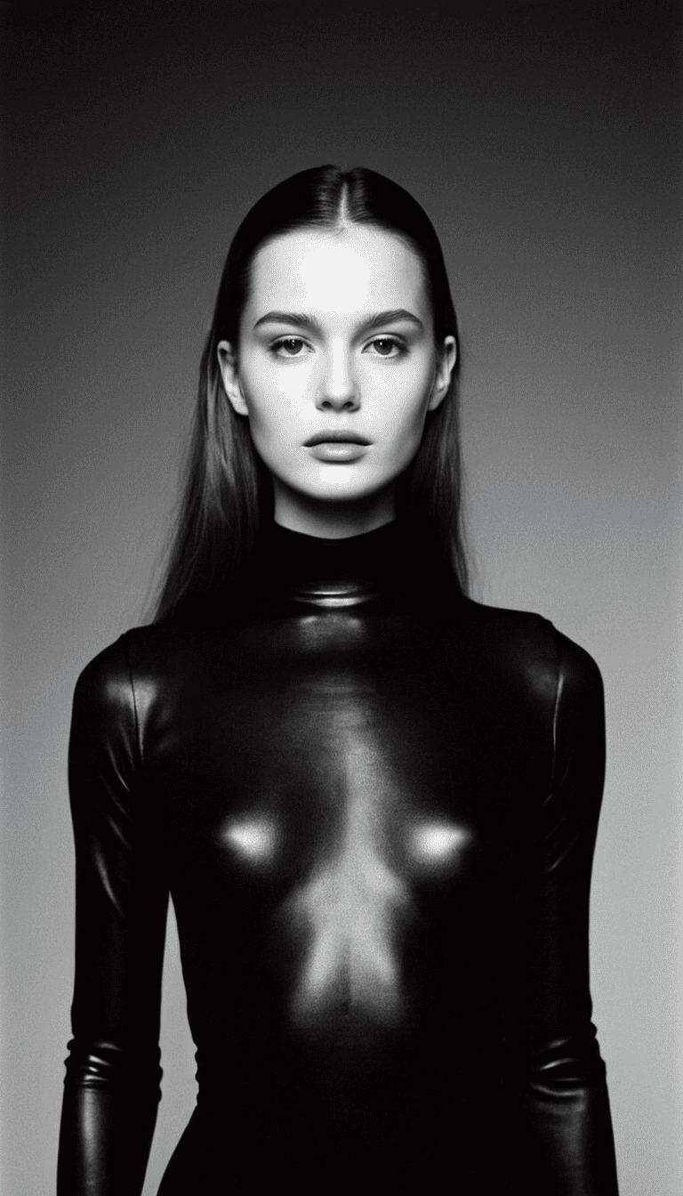 Black and white photography, fashion editorial, dark longhaired woman in tight black bodysuit, highres, realistic photo, professional photography, cinematic angle, dynamic light back shining,