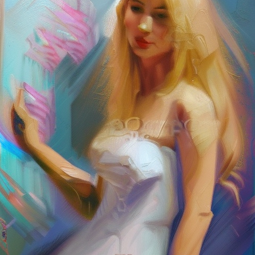 Portrait of an attractive blond russian woman, vladimir volegov and nikolai fechin style. Expressive impasto bold brush and spatula strokes. Abstract background. Pino daeni, konstantin razumov dramatic oil painting depicting a lovely young beautiful loving woman with long blond hair cascading down her shoulders. Her features are soft, innocent, elegant and tender with expressive blue eyes that hold a hint of mystery. Her graceful posture exudes innocence, confidence and charm. Expressive bold brush strokes. Dry canvas texture.
