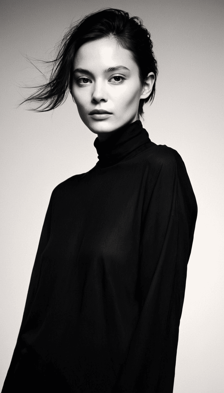 Black and white photography, fashion editorial, a dark shorthaired beautiful woman is studio lights, black outfit, highres, realistic photo, professional photography, cinematic angle, dynamic light back shining,