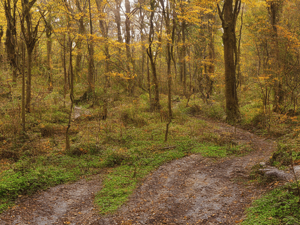 Deep in a dense forest, shafts of late aftenoon sunlight coming through the leaves of ancient trees, leaves and puddles on a muddy winding rutted track, one small partially visible ruined thatched cottage in the far distance on the left side, vivid autumnal colors