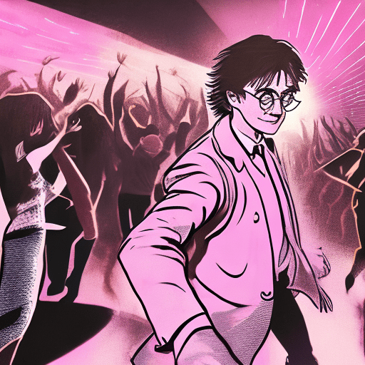 Harry potter dancing in a rave, in the style of precise and lifelike, distinctive and clear face and glasses, light pink and light amber, rendered in maya, velvia, calm and serene beauty, flawless line work --ar 71:128 --stylize 750 --v 6