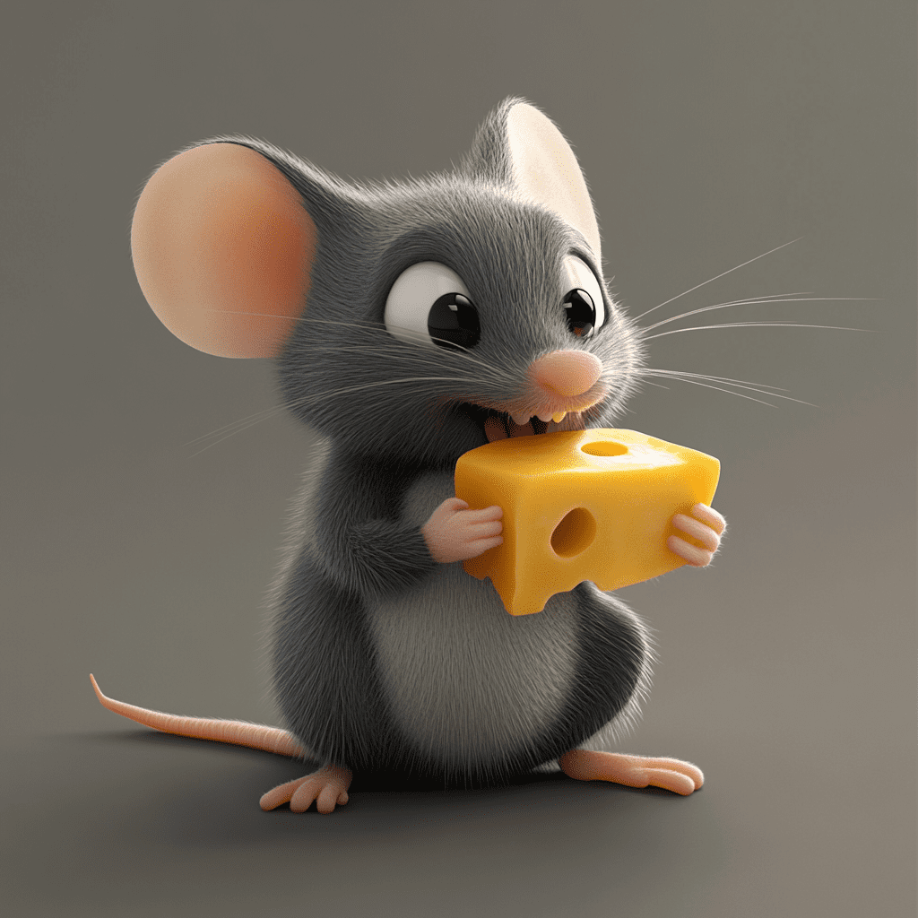 Creat a grey cute mouse eating some cheese with holes in pixar style 3d --stylize 50 --v 6. 1