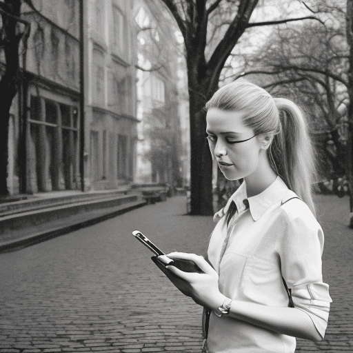A hyper-realistic photography of a danish female in her late 20s with a calm and focused expression, walking with a mobile phone in her hand. Just behind her, a massive white male troll carrying a typewriter. Fine detail, professional photography,
