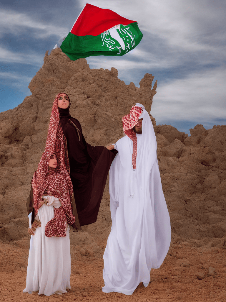 A majestic and stylized science fiction-inspired scene featuring a saudi arabian flag prominently displayed against a dramatic desert backdrop. A modestly dressed saudi woman wearing a traditional abaya and hijab with intricate details stands confidently beside a saudi man in a traditional white thobe and red shemagh. The setting is illuminated by vibrant cosmic light, with a surreal sky filled with stars and planets, blending tradition and futuristic elements. The composition is detailed and heroic, with bold contrasts and a cinematic aesthetic reminiscent of classic sci-fi and fantasy art