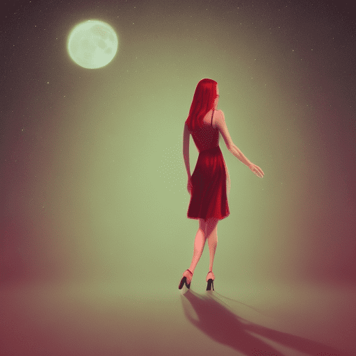 Attractive ginger women wearing glasses, sundress, and heels, walking alone at midnight, it's a full moon, light fog, in a dark ally, with a single street light, she's terrified. Predator eyes follow her from a distance. Contemporary background, abstract colors