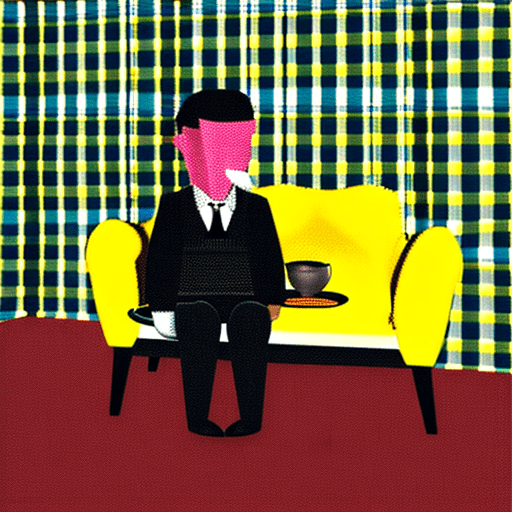 White male, dressed in black suit jacket and tie eating soup sitting on a yellow sofa. Hiperrealistic style