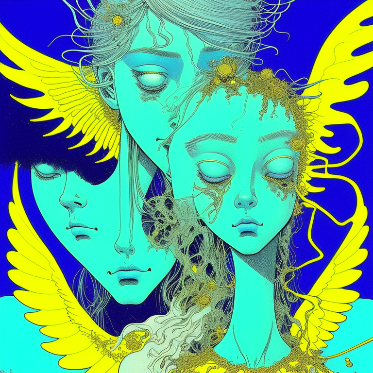 Whimiscal acid nightmare pshydelic lsd melted by moebius and frank miller blue girl with gold angel halo head, in the style of neon realism, darkly romantic illustrations, dark white and yellow, solapunk, i can't believe how beautiful this is, simplistic cartoon, brooding mood