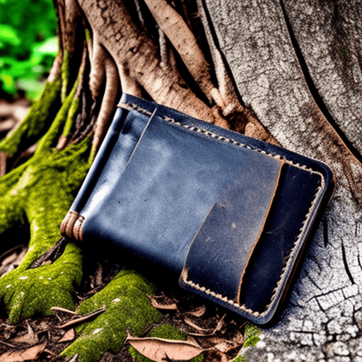 An open abandoned leather wallet lying against a pavement tree root. Style: goth