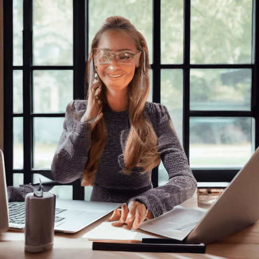 High fashion picture of an internet entrepreneur woman working on his super modern laptop, sitting in front of a well-organized desk, smiling happily, dressed quiet luxury style, in a large luxurious bright living room with large windows and a beautiful unobstructed view of nature, golden hour, bounce lighting, wide angle top view, arri alexa 65, in the style of diane arbusr, 8k