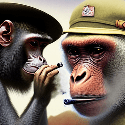 Hyper realistic eye level photo of a monkey smoking cigarettes during war