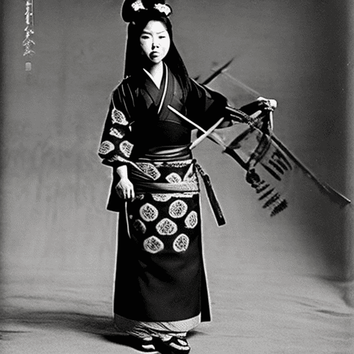 Kamado nezuko, japanese warrior girl in the style of demon slayer, black shirt, black hakama, haori with asanoha pattern, old photograph
