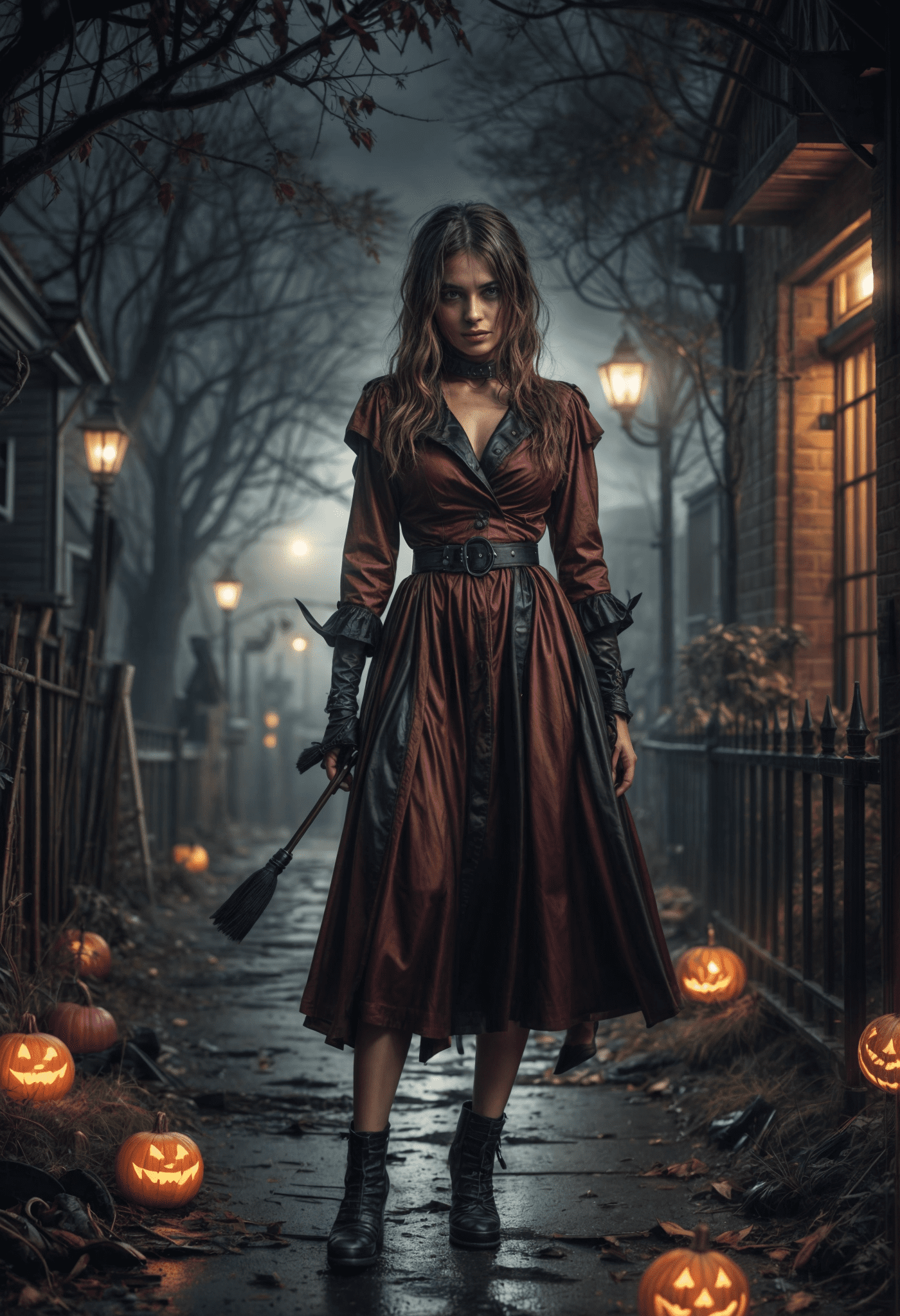Its a stylized halloween-themed photograph featuring a woman in a long, black dress with a corset-style top, a belt, and a skirt, walking on a path that is lined with jack-o'-lanterns.