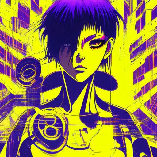 Techno rave music art, inspired by ghost in the shell, 90s manga aesthetic, expressive face, yellow background