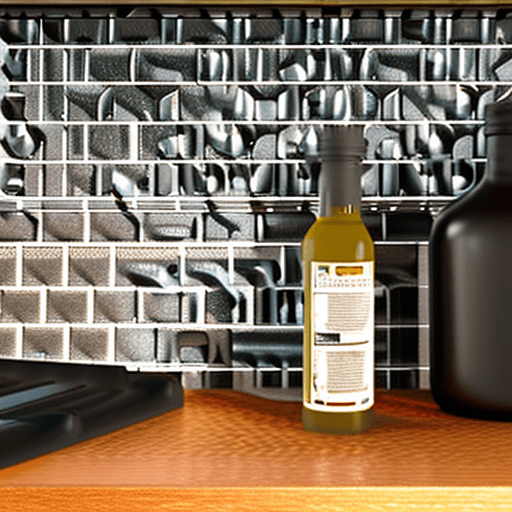 On the left you can see part of the gas stove in the center and on the right a brown countertop adjoins it, on the countertop close to the wall there is a green cutting board and next to it a large bottle of sunflower oil and a small bottle of olive oil. Cinematic, hyper realism, high detail, octane render, 8k