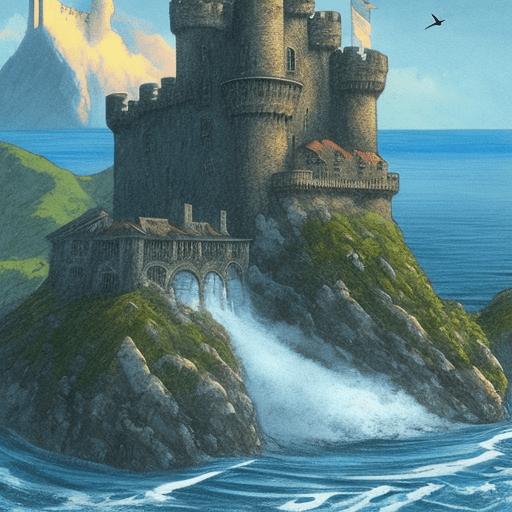 A castle on a flying island hovering a stormy sea at dawn. The flying island includes mountains in background and a lake in foregroung. The water of the lake is pouring into the sea forming a huge cascade. Birds at the horizon. Art by enki bilal, art by hugo pratt