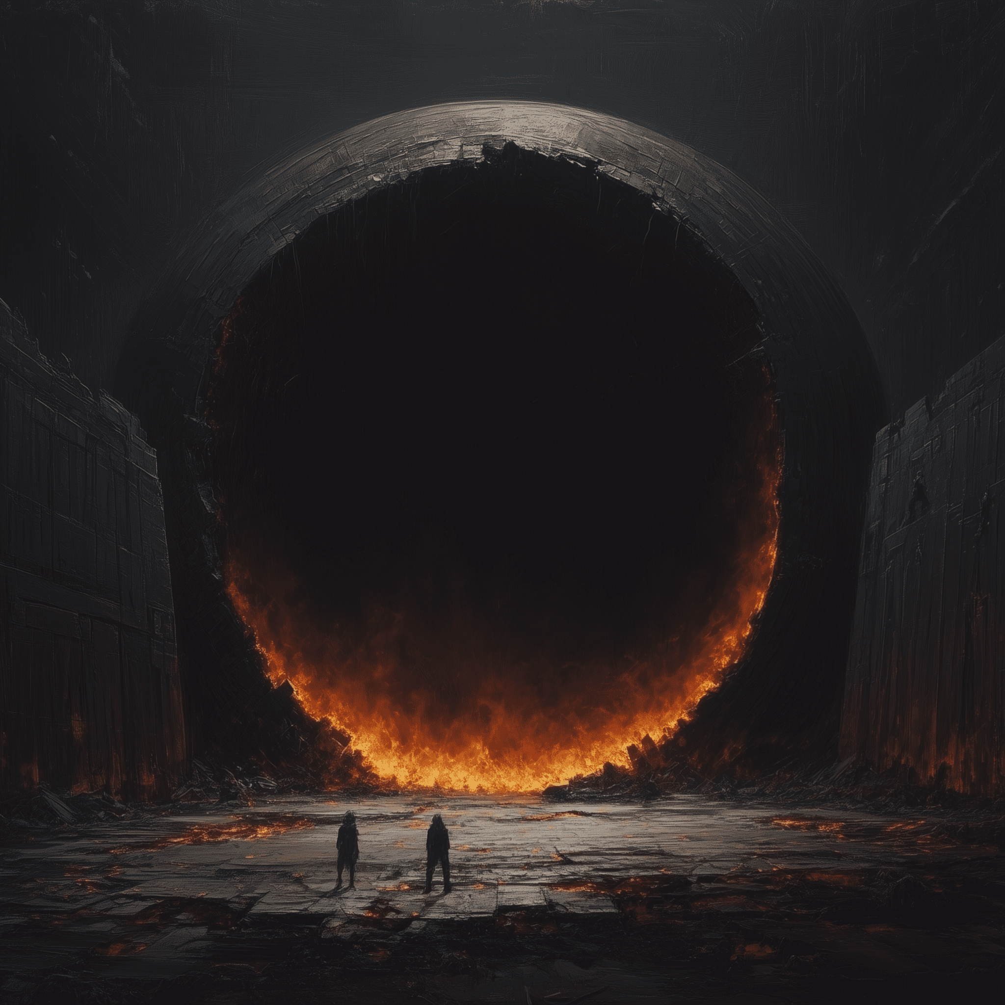 A giant black sphere with an opening on the top and inside is on fire, with two people standing at the edge of it, looking down into the depths below. The scene appears to depict an ancient, hellish landscape. Illustration in the style of raphael lacoste and peter mohrbacher. --v 6. 1 --p 5144vto --s 250
