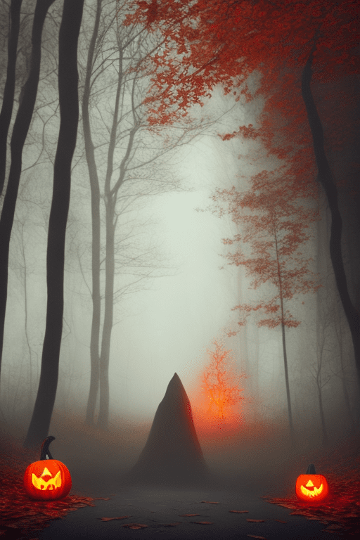 Eerie halloween scene, glowing jack-o'-lantern, creepy hooded figure with red eyes, dark atmospheric lighting, fog, fallen autumn leaves, spooky forest background, dramatic and cinematic digital art, highly detailed, ominous mood, 3d rendering, photorealistic --s 150 --ar 3:4 --no text