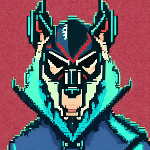 Image for a hotline miami style pixelart character. A guy with a black wolf mask and a torn black jacket with dark blue details and a bat with nails on his back