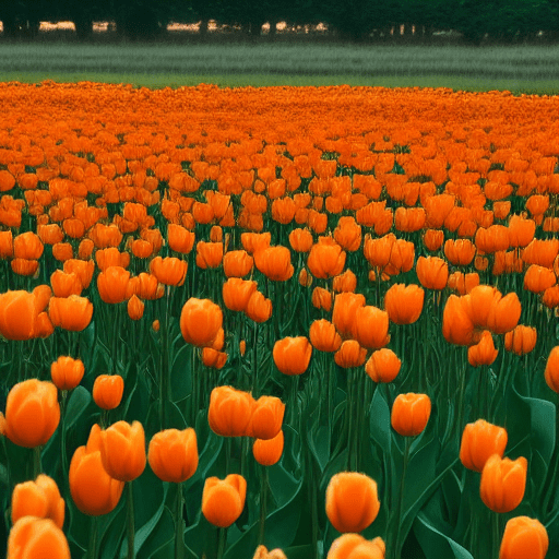 Hyper realistic photo of field of orange tulip flowers at the sunset, lower level of view.