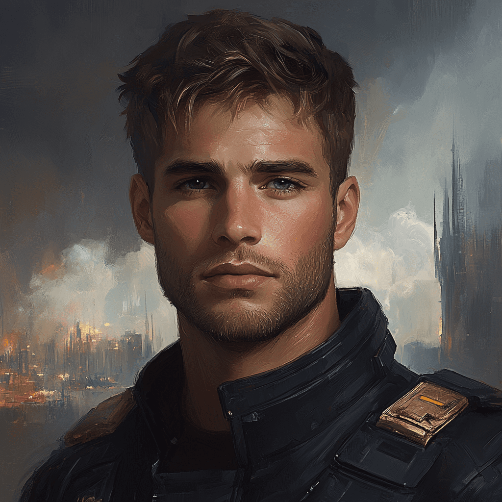 A handsome man with brown hair and light stubble, wearing a black spacesuit with gold trim, looking at the camera, with a background of a futuristic city in the clouds, in the style of a realistic illustration. --v 6. 1 --p 5144vto --s 25