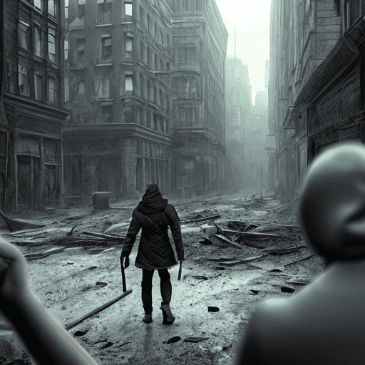 Realistic image of ruined post-apocalyptic city. Hooded person from the back.