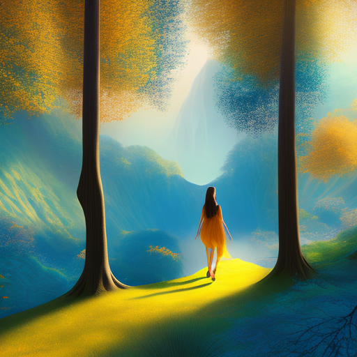 Girl walking through a valley in the style of ethereal trees, deep yellow and cyan, majestic, vast seascape, photorealistic rendering, graceful balance, wimmelbilder, orange
