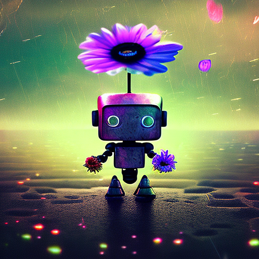 Photo of sad tiny robot holding a glowing flower in hands, looking far, end of the world, apocalypse, dark fantasy, smooth, raining day, highly detailed, deep aesthetic, colorful, surreal, mystical, cinematic light, dynamic background, illuminated, symmetry, focus, , beautiful, intricate, elegant, complex, epic, extremely detail, professional, ambient, pristine, artistic