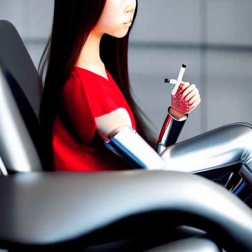 High-angle-candid-close-up-photo of a japanese girl with chromed-steel robot arms. Seated in a ebony-leather seat limousine with dark windows at night. She is holding a lit, white-filtered-cigarette and dressed in a red, sleeveless, sweetheart-neckline, molded-seamless-plastic, armor. Her skin texture is detailed with visible pores and light freckles. She wears shiny, bold, crimson-red lipstick; glamourous shiseido-brand eye makeup on dark-brown-eyes; earrings; wavy dark-brown hair