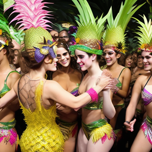 Photo of emma watson as a curvy samba dancer, elaborate leafy pineapple fruit bodysuit-style thong samba costumes, jewelled floral leafy pineapple fruit samba headdresses and eyemasks, surrounded closely by pretty women samba dancers standing around her, hugging each other, during the rio de janeiro carnival