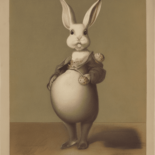 Whole full-body portrait of a bunny with eggs, full of blood