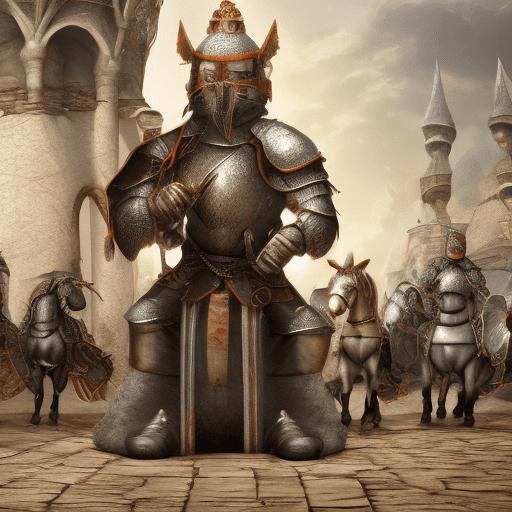 Hyperrealistic knight monkey in the middle age, he is sittin, in the background horses and knights are passing by. The background is a midle age city