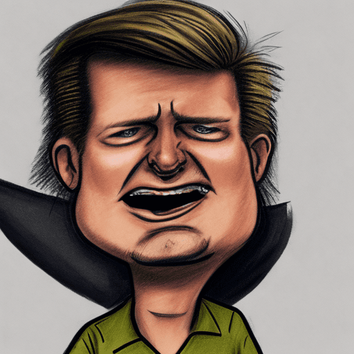 Sketch of matt mullenweg the ceo of wordpress looking a bit like donald trump but with a bad mullet haircut, very fat, sweaty armpits, standing and shouting like a bully, style of a caricature
