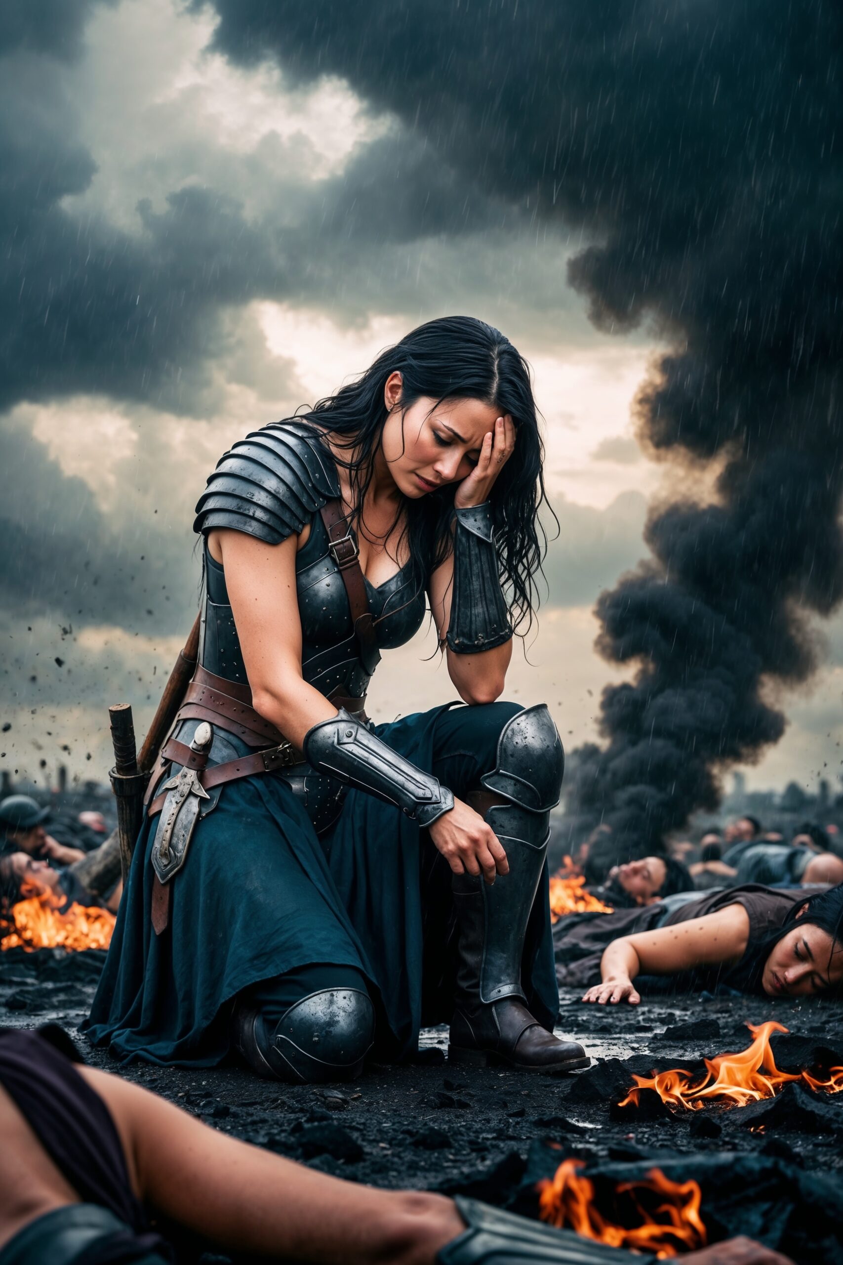 A kneeling warrior woman looks down, she is very sad because she has lost the war, her friends are all dead, around her there is only death and destruction, there is smoke and fire, and she is desperate, she is with no way out, she is sad and is crying in the stormy rain. Black hair. Black armor, black background. Rich background. Death, people. Many people.