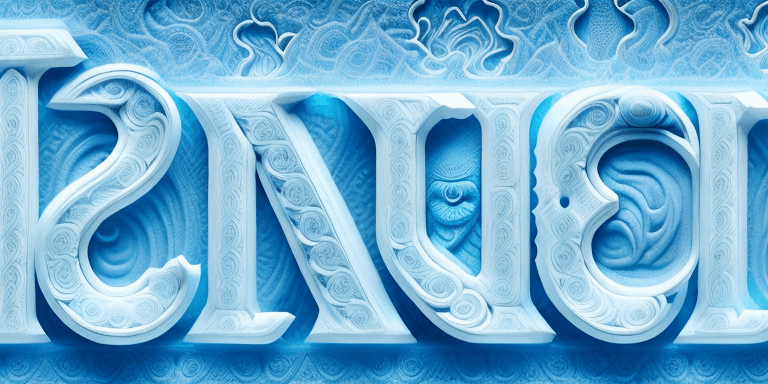 A slogan 'tepid nirvana'. These letters are crafted in intricately carved ice blocks, their color ranging from blue to white. The words 'tepid nirvana' are easily read and have a highlight behind them to add contrast to the background. The entire composition is set against a light, sky blue background with wispy clouds floating behind the letters.