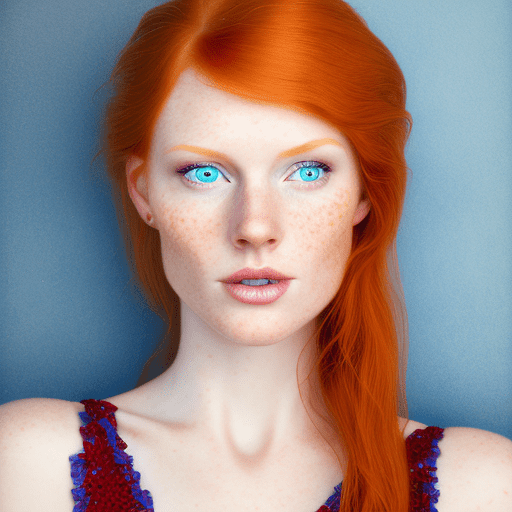 A realistic portrait of a ginger-haired woman with striking blue eyes, ultra-high definition detail, soft natural lighting, freckles gently dotting her skin, loose flowing red hair framing her face, subtle makeup enhancing her features, realistic skin texture, background softly blurred for a bokeh effect, hyper-realistic photography, 8k resolution" wear dress