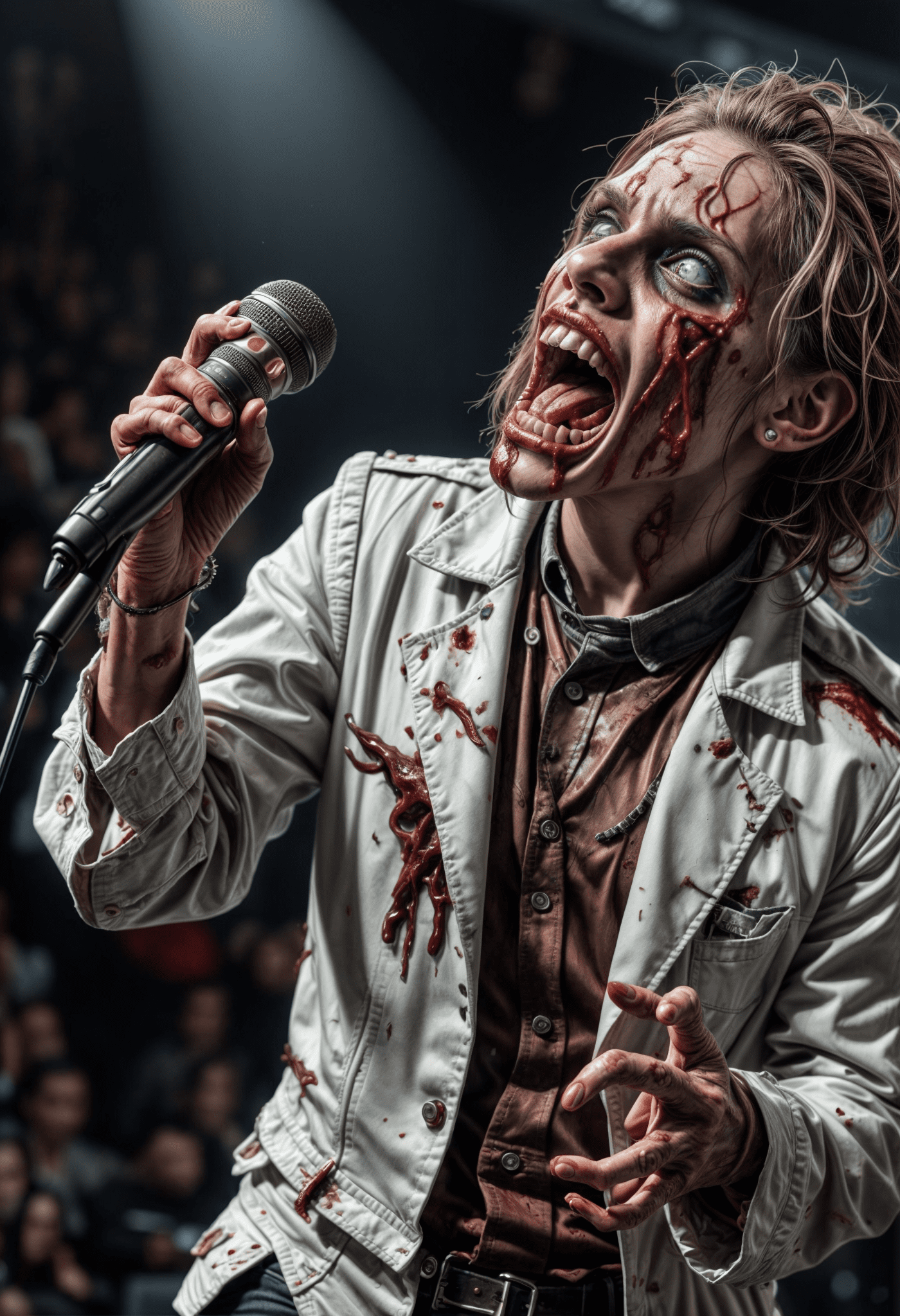 Zombie superstar , singing, american idol show, bloody, gore