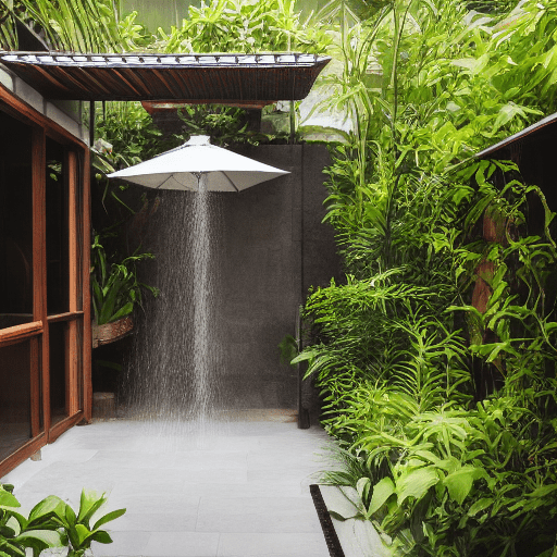 High resolution photography of modern enclosed lush balinese garden courtyard with outdoor shower small spa and dining area with smooth paving, a beautiful redhead is showering, magazine, cozy atmosphere; 8k, intricate detail, photorealistic, realistic light, wide angle, kinkfolk photography, a+d architecture