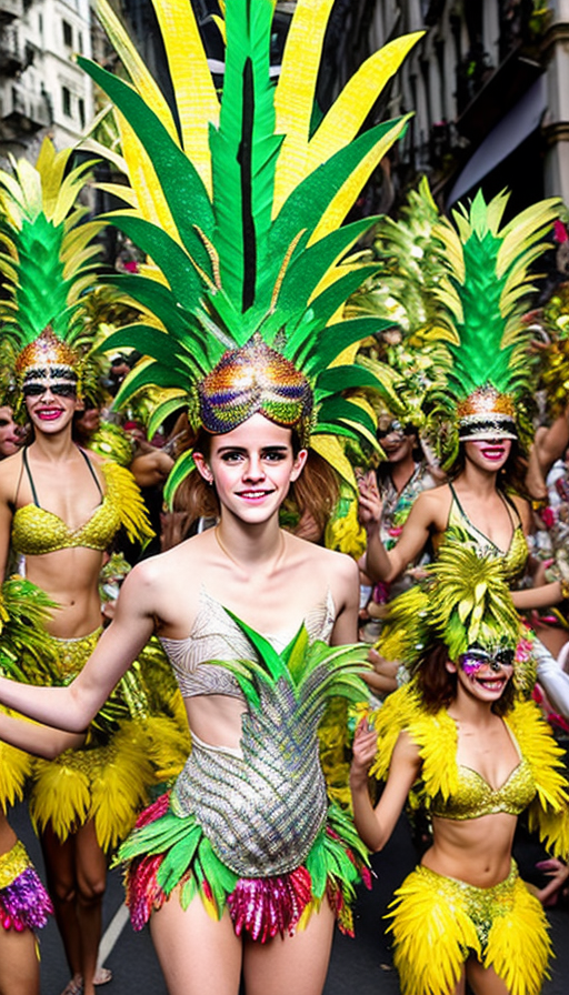 Photo of emma watson as a samba dancer, elaborate leafy pineapple bodysuit-style samba costumes, jewelled floral leafy pineapple samba headdresses and eyemasks, surrounded closely by pretty women samba dancers, dancing in a carnival parade down the main street during the rio de janeiro carnival