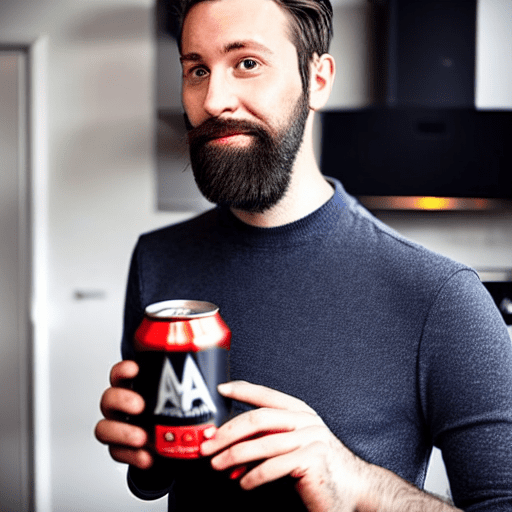 A image of a man in his early 30s holding a branded energy drink can named aidan. The man has a well-groomed beard, wearing a casual outfit with a stylish jacket, standing in a modern, minimalistic kitchen with natural lighting. The energy drink can has a vibrant, colorful design with the brand name aidan clearly visible. The background shows sleek kitchen appliances and a marble countertop
