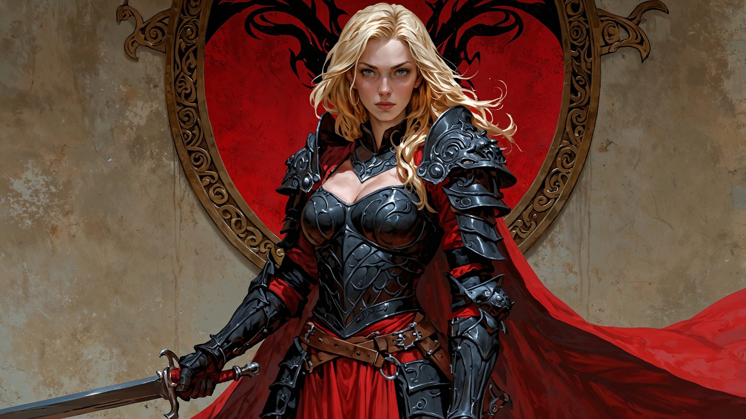 Image is a high-resolution portrait of a woman in elaborate, medieval-style armor. The armor is predominantly red with intricate black detailing, featuring ornate patterns and designs. The woman stands confidently, holding a long, gleaming sword in her right hand. Her facial expression is serious and focused. She has fair skin, blonde hair styled in loose waves, and piercing eyes. The background is a textured wall with a large, red circular emblem depicting a dragon, adding to the dramatic and intense atmosphere of the scene. The overall composition is centered, with the subject occupying the majority of the frame, emphasizing her commanding presence and the detailed craftsmanship of her armor.