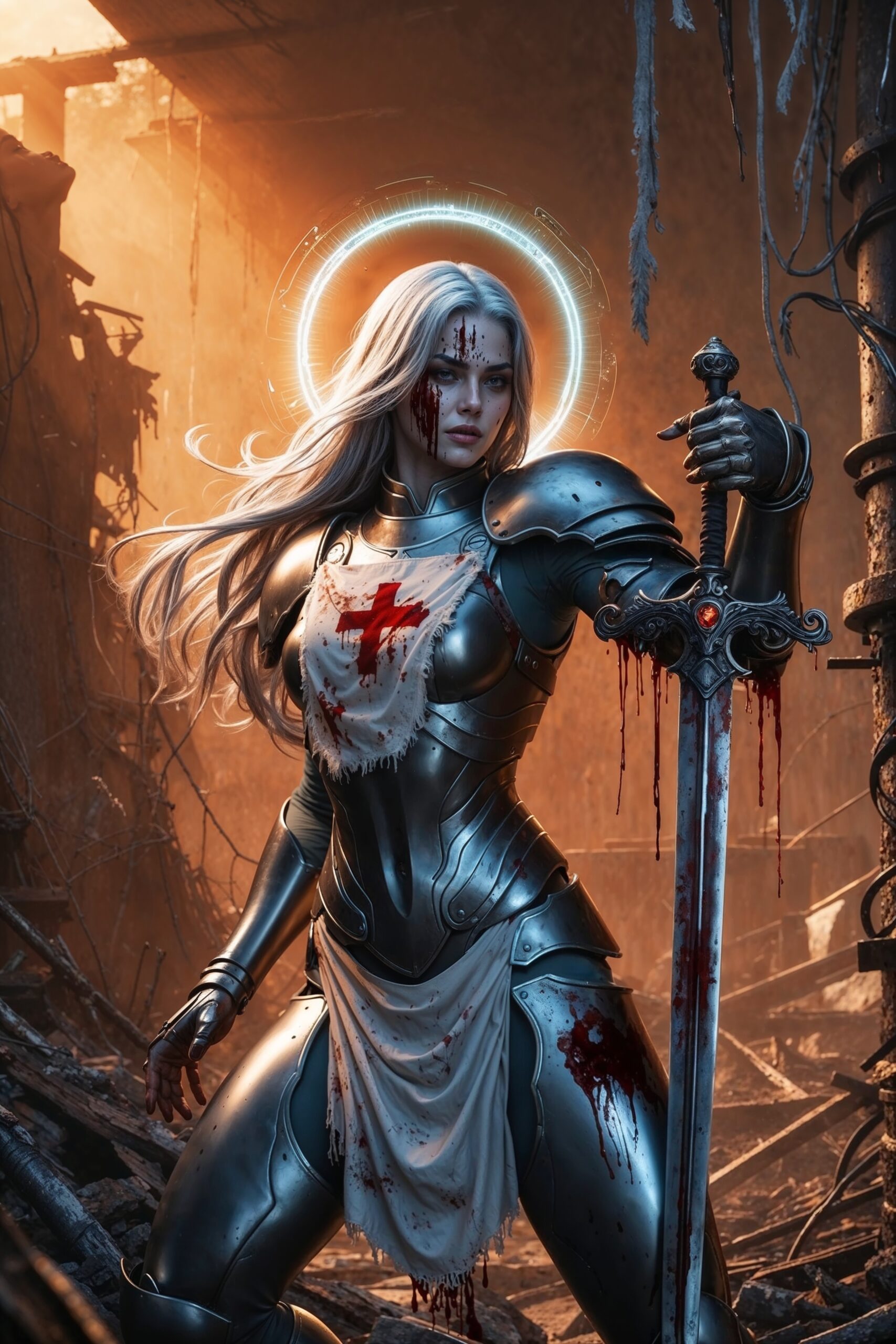 A cinematic digital artwork featuring a powerful, female armored figure in a heroic yet worn, battle-hardened pose, set against a gritty, dimly lit, post-apocalyptic backdrop with a warm orange glow. The subject, a humanoid character with long, flowing silver hair and a radiant, metallic halo hovering above their head, embodies a fusion of divine and mechanical elements. The intricate, shiny armor, with a metallic finish, covers the entire body except for the face, which is partially visible, smeared with dark, crimson blood, and marked by faint, glowing blue circuits on the forehead and cheeks. A tattered, white tabard with a prominent, blood-stained red cross on the chest adds to the intense, apocalyptic atmosphere. In their right hand, they grip a bloodied, ornate sword, pointing downward, surrounded by a halo of light, casting long, dramatic shadows on the ruined environment. The background is a maze of debris, rubble, and twisted metal, with hints of smoke and fog, amplifying the sense of destruction and chaos. The lighting is focused on the character, accentuating the reflective surfaces of the armor, creating a sense of depth and gritty realism.
