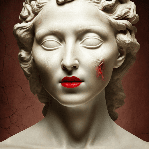 An image of a classical sculpture of a cracked female face with serene, opened eyes and full red lips emerging from a cracked and peeling wall. The face should have a network of cracks, as if made fragility of porcelain or plaster. The sculpture seems to be breaking free from the surrounding crumbling wall, which has a rough, tactile texture. The color palette should be muted, with earthy tones for the wall and a pale hue for the face, highlighted by the red lips.