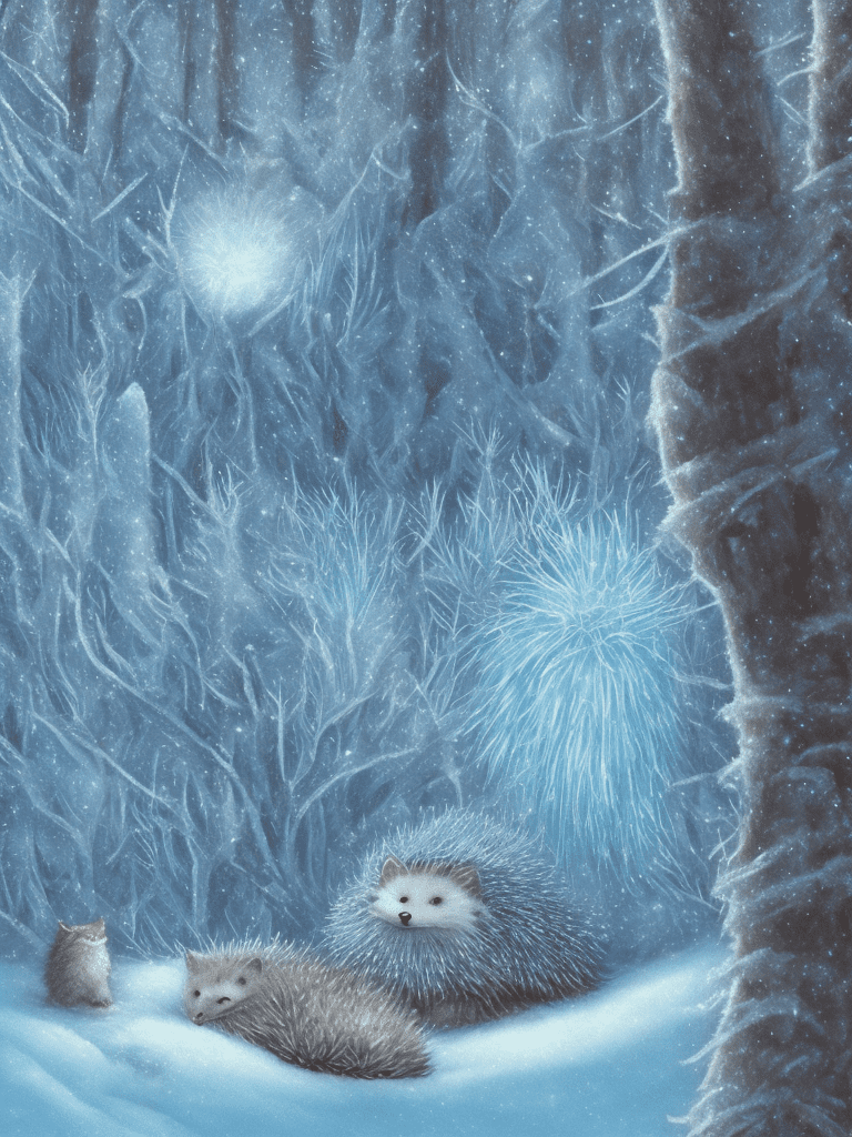 A fantasy illustration of a cat-hedgehog hybrid curled up in a winter forest, fur and icy quills shimmering under a cold, pale blue light, snow gently falling around it, icy breath visible. The creature's face combines feline elegance and hedgehog charm, with translucent icicle-like whiskers and tiny frozen claws. Frost-covered trees in the background, twilight setting, dreamy blue hues, enchanting winter details, fantasy art, intricate fur and quill textures, sharp details