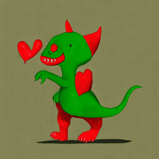 Draw a cute green dinosaur in a red cat suit with a heart in his hands in a minimalist style