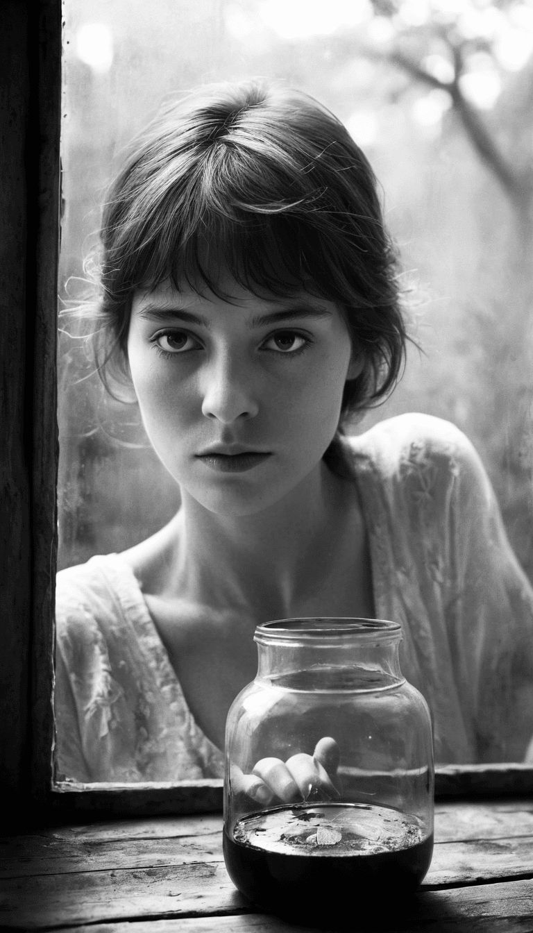 Black and white photography in style by bruce davidson, fashion editorial, dark haired woman looking in window, long exposure photography through artistic lens, highres, realistic photo, professional photography, cinematic angle, dynamic light back shining,
